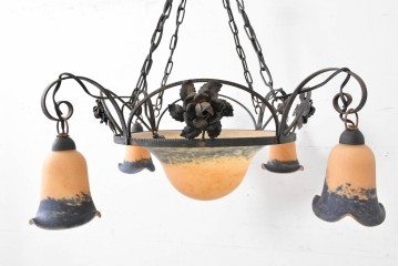 フランスアンティーク　アール・ヌーヴォー様式　熔かし込みガラスの優美な5灯シャンデリア　(R-086889)