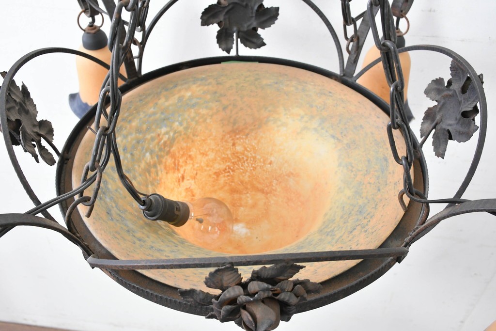 フランスアンティーク　アール・ヌーヴォー様式　熔かし込みガラスの優美な5灯シャンデリア　(R-086889)