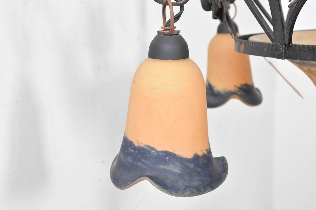 フランスアンティーク　アール・ヌーヴォー様式　熔かし込みガラスの優美な5灯シャンデリア　(R-086889)