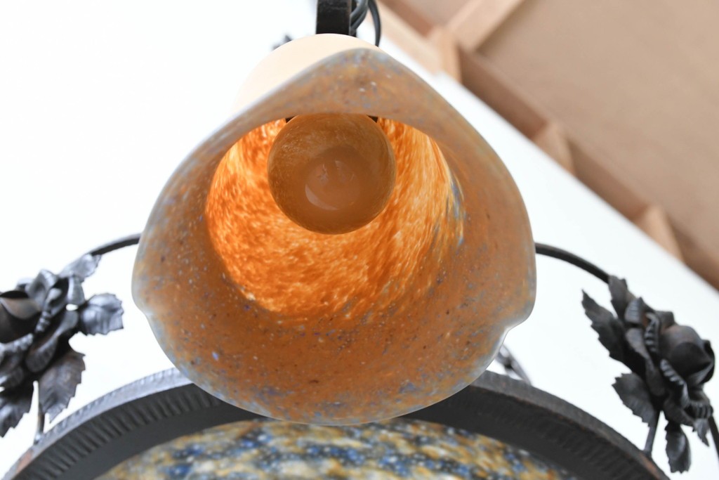 フランスアンティーク　アール・ヌーヴォー様式　熔かし込みガラスの優美な5灯シャンデリア　(R-086889)