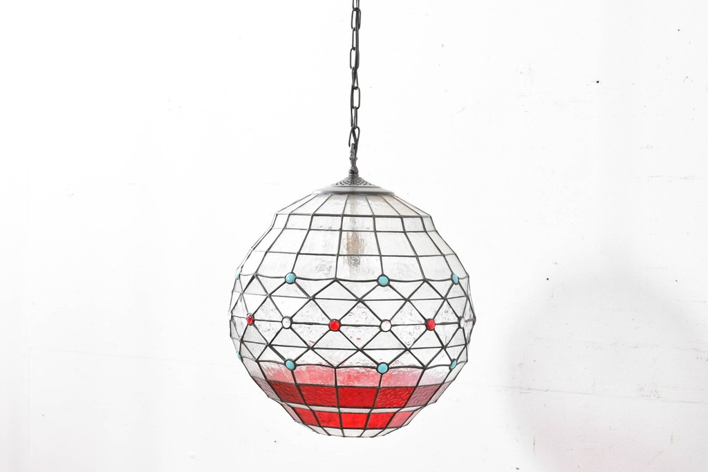 イギリスヴィンテージ　ビビッドな差し色が目を惹くステンドグラスの球体型ペンダントライト　(R-086891)