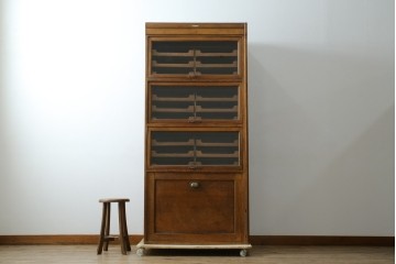 イギリスアンティーク　オーク材　品格と機能美が光るフラップ式ガラス扉の縦型シャツケース　(R-086905)