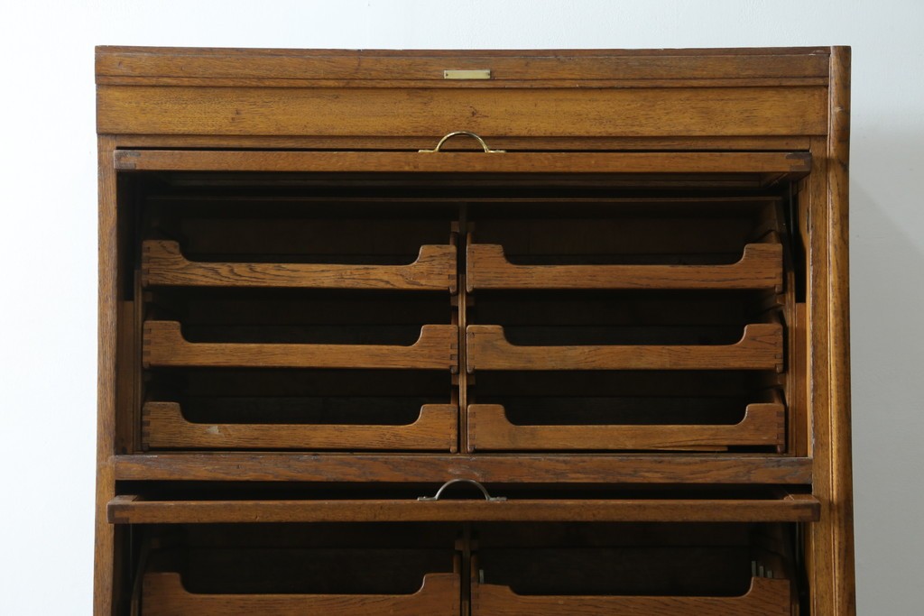 イギリスアンティーク　オーク材　品格と機能美が光るフラップ式ガラス扉の縦型シャツケース　(R-086905)