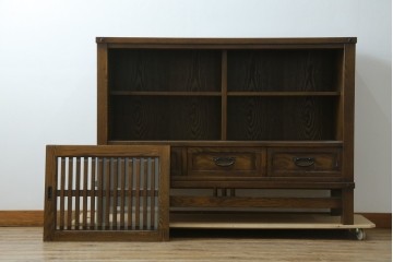 中古　美品　上手物　高級品!!　タモ材　格子戸が上品な脚付きサイドボード　(R-086921)