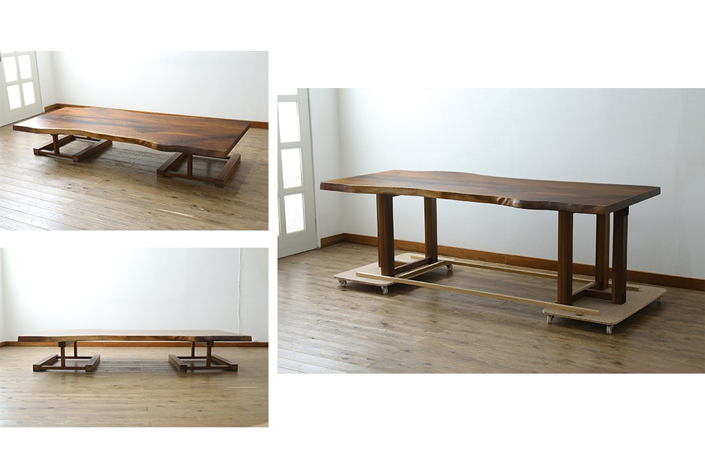 中古　美品　クラロウォールナット材　流れる木目と一枚板の存在感が際立つ2way使いのダイニングテーブル　定価約90万円　(R-086929)