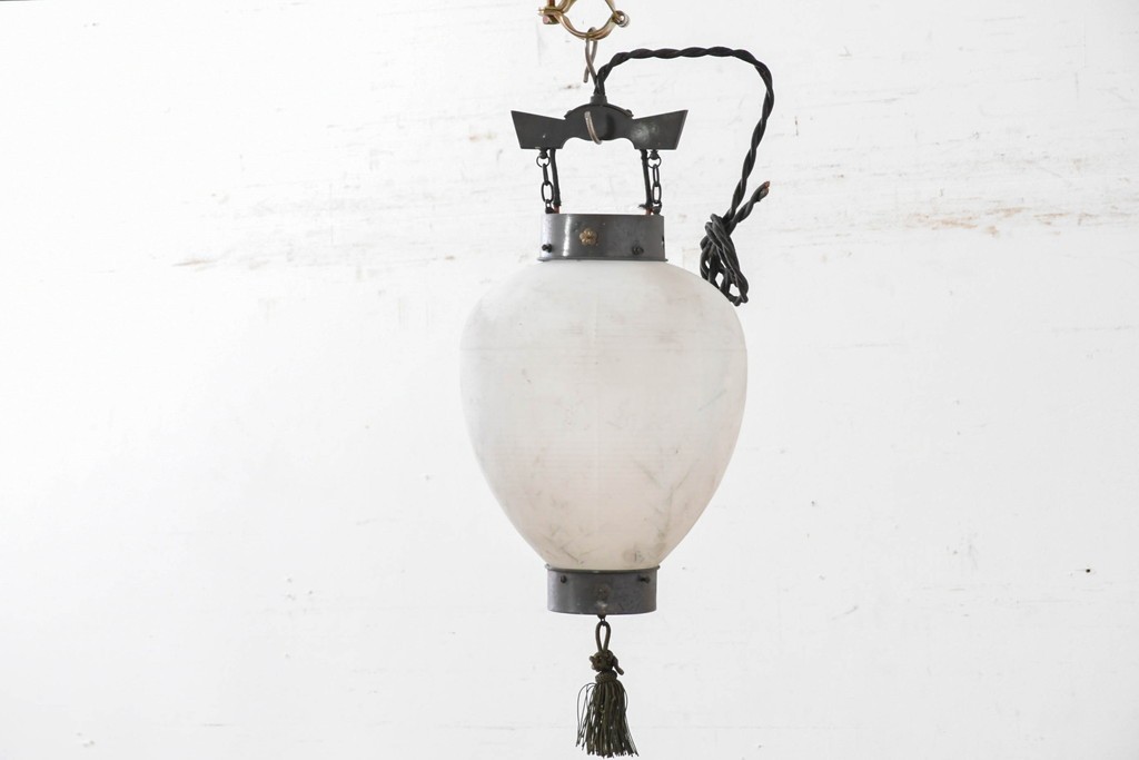 和製アンティーク　珍品　梅の花と星形装飾が可愛らしい提灯型ガラス製ペンダントライト　(R-086940)