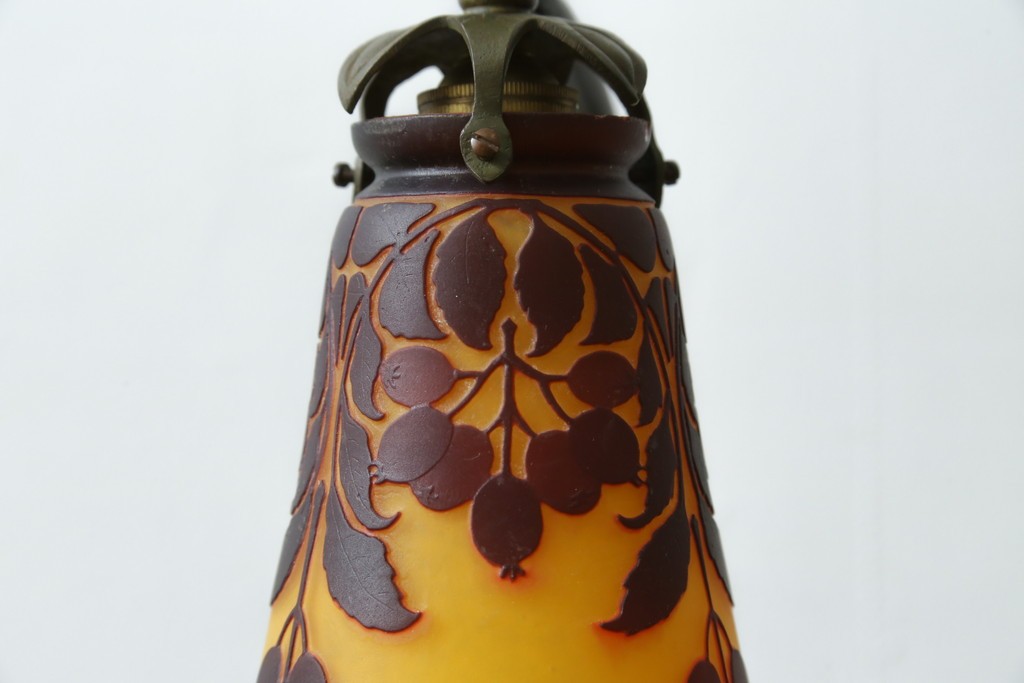 フランスアンティーク　Muller Freres Luneville(ミューラー兄弟)　草花文様が美しいガラスシェードのテーブルランプ　(R-086970)