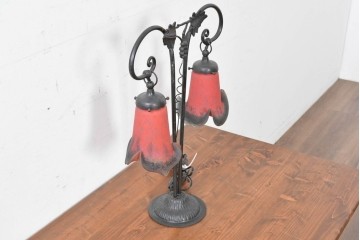 フランスヴィンテージ　Art de France(アール・ド・フランス)　アール・ヌーヴォー様式　溶かし込みガラスが美しい2灯テーブルランプ　(R-086971)