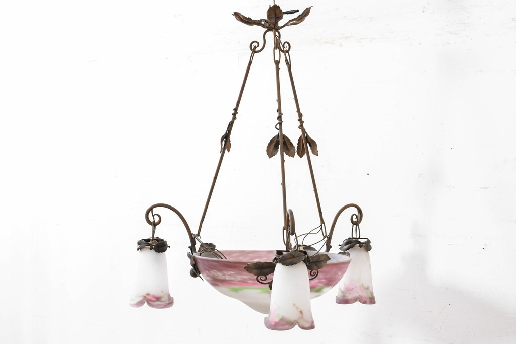 フランスアンティーク　Muller Freres Luneville(ミューラー兄弟)　溶かし込みガラスの優美な4灯シャンデリア　※補修あと有り　(R-086978)