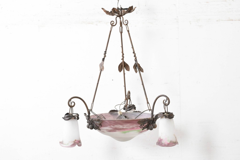 フランスアンティーク　Muller Freres Luneville(ミューラー兄弟)　溶かし込みガラスの優美な4灯シャンデリア　※補修あと有り　(R-086978)