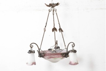 フランスアンティーク　Muller Freres Luneville(ミューラー兄弟)　溶かし込みガラスの優美な4灯シャンデリア　※補修あと有り　(R-086978)