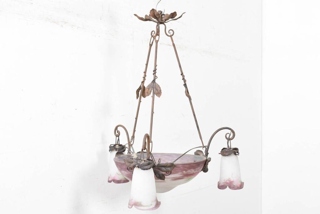 フランスアンティーク　Muller Freres Luneville(ミューラー兄弟)　溶かし込みガラスの優美な4灯シャンデリア　※補修あと有り　(R-086978)