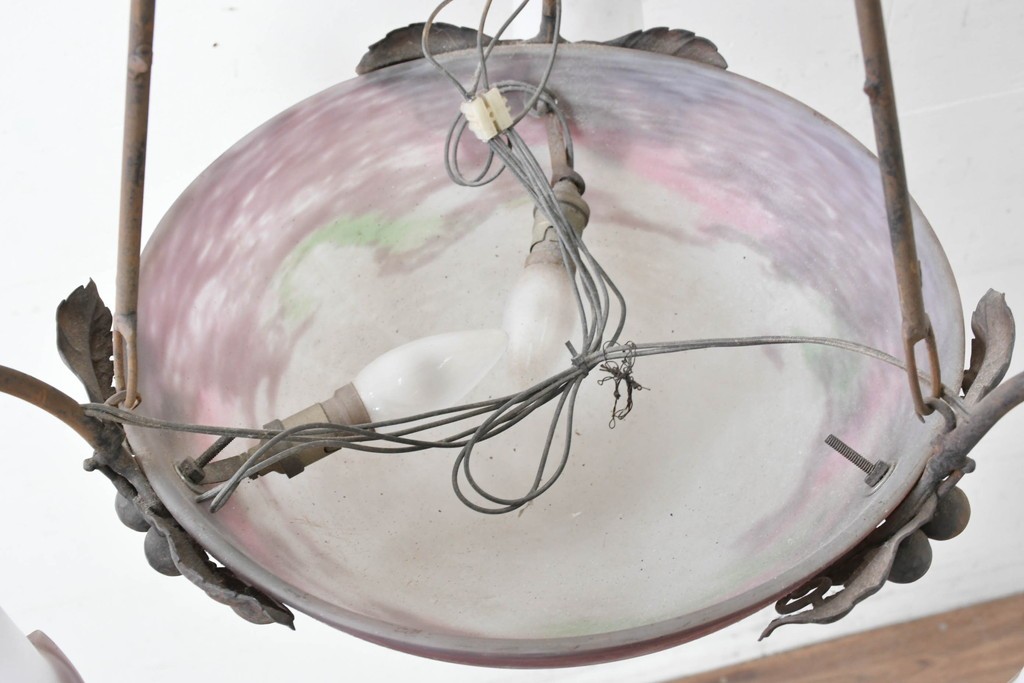 フランスアンティーク　Muller Freres Luneville(ミューラー兄弟)　溶かし込みガラスの優美な4灯シャンデリア　※補修あと有り　(R-086978)