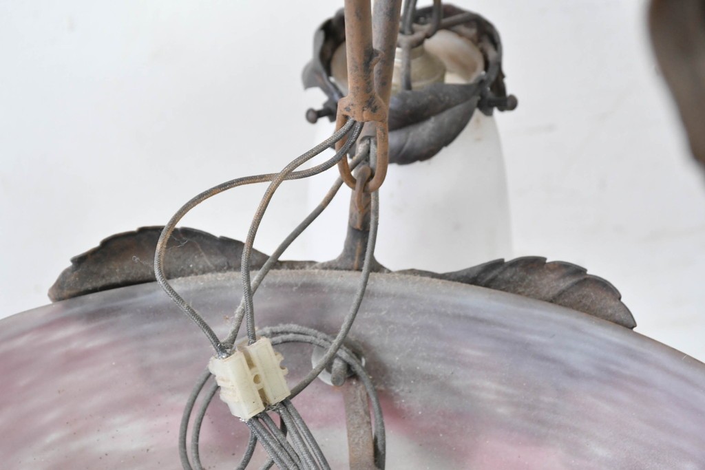 フランスアンティーク　Muller Freres Luneville(ミューラー兄弟)　溶かし込みガラスの優美な4灯シャンデリア　※補修あと有り　(R-086978)