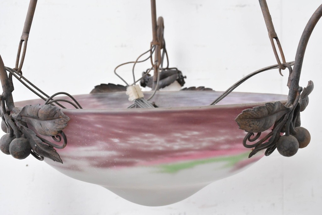 フランスアンティーク　Muller Freres Luneville(ミューラー兄弟)　溶かし込みガラスの優美な4灯シャンデリア　※補修あと有り　(R-086978)