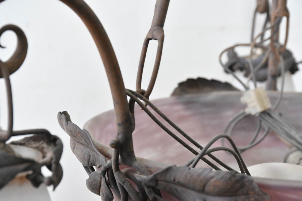 フランスアンティーク　Muller Freres Luneville(ミューラー兄弟)　溶かし込みガラスの優美な4灯シャンデリア　※補修あと有り　(R-086978)