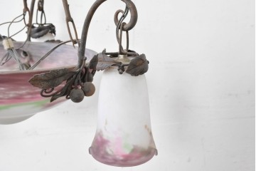 フランスアンティーク　Muller Freres Luneville(ミューラー兄弟)　溶かし込みガラスの優美な4灯シャンデリア　※補修あと有り　(R-086978)