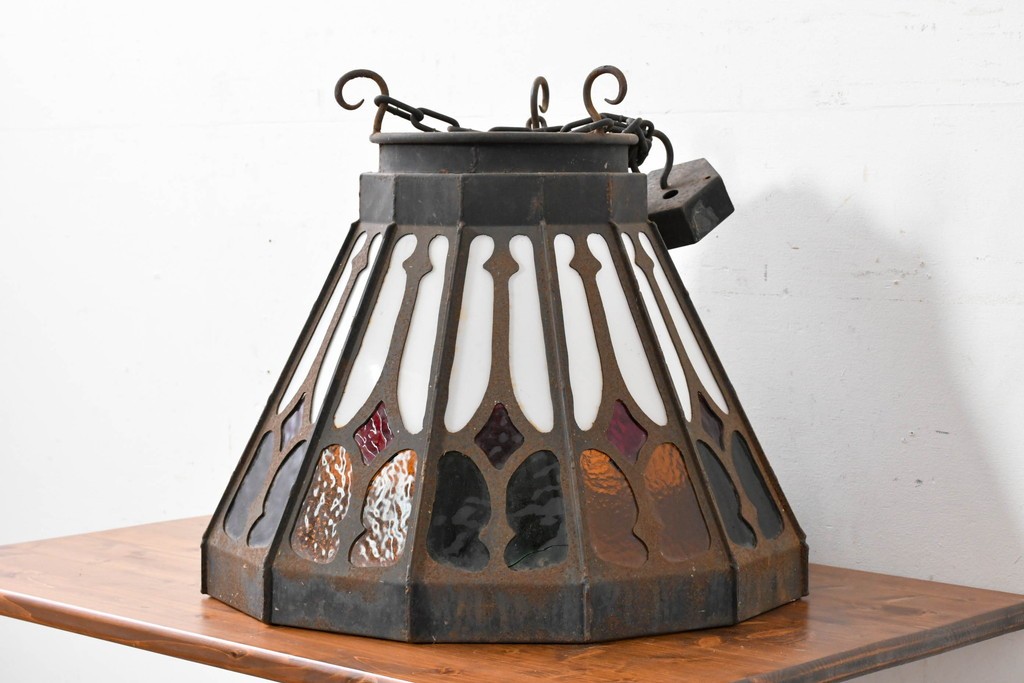 《直結式ペンダントライト加工費込み》　中古　金工職人　飯野歌之助作　ステンドグラスが彩るペンダントライト　(R-087001)