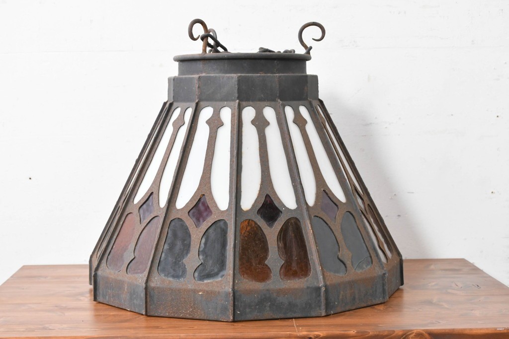 《直結式ペンダントライト加工費込み》　中古　金工職人　飯野歌之助作　ステンドグラスが彩るペンダントライト　(R-087001)