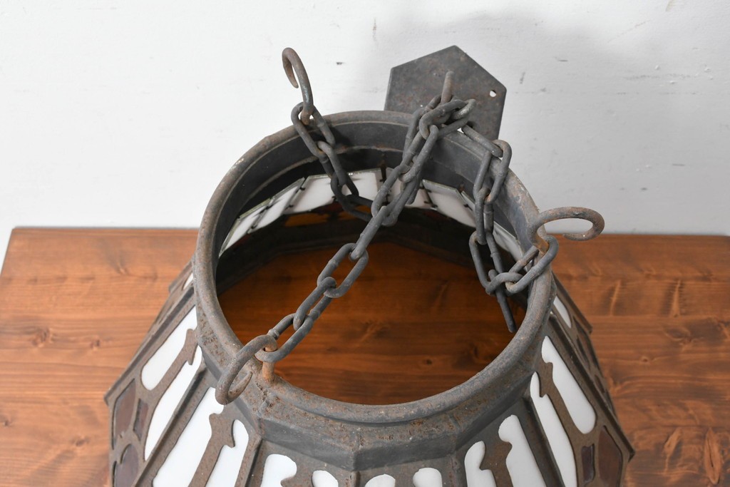 《直結式ペンダントライト加工費込み》　中古　金工職人　飯野歌之助作　ステンドグラスが彩るペンダントライト　(R-087001)