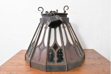 《直結式ペンダントライト加工費込み》　中古　金工職人　飯野歌之助作　ステンドグラスが彩るペンダントライト　(R-087001)