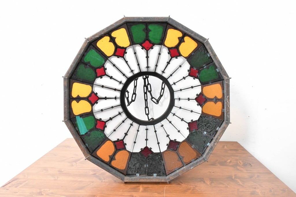 《直結式ペンダントライト加工費込み》　中古　金工職人　飯野歌之助作　ステンドグラスが彩るペンダントライト　(R-087001)