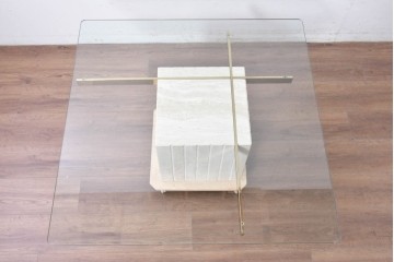 中古　イタリア高級家具ブランド　Artedi(アルディ)　石材ベースと十字フレームが特徴的なガラストップローテーブル　(R-087011)