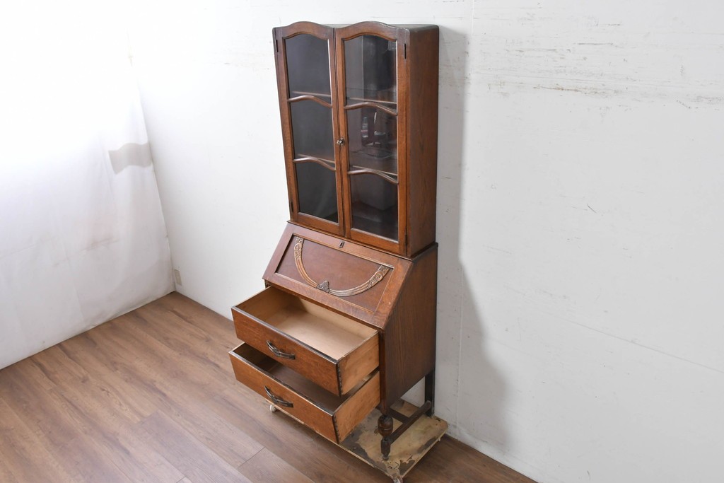 イギリスアンティーク　オーク材　小振りなビューローブックケース　(R-087015)