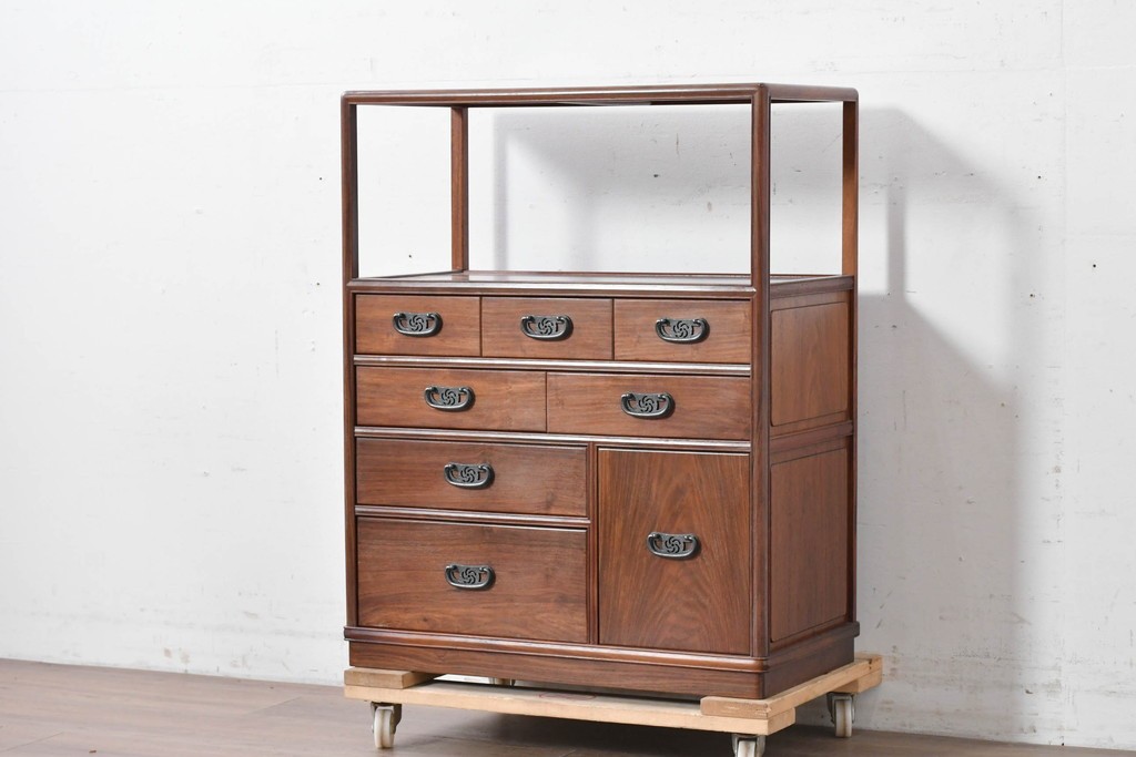 和製ヴィンテージ　力峯作　総紫檀(シタン)材　内部(桐材)　引き出し8杯付きで収納力も抜群の飾り棚　定価推定約60万円　(R-087028)