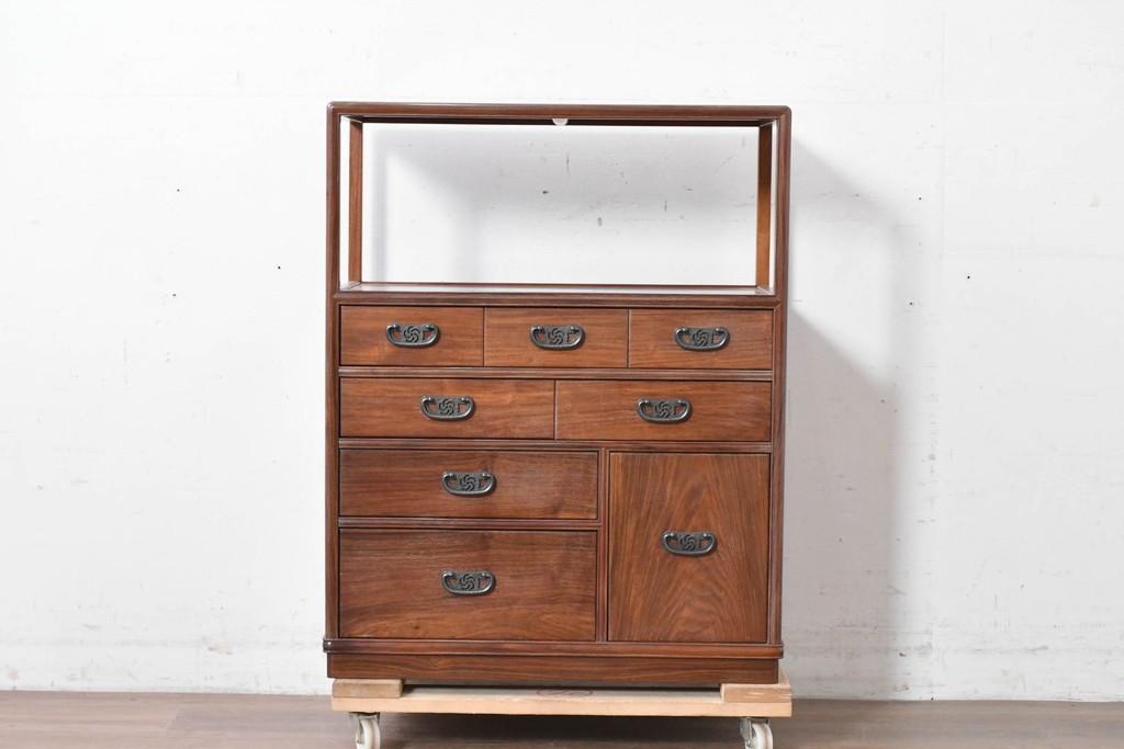 和製ヴィンテージ　力峯作　総紫檀(シタン)材　内部(桐材)　引き出し8杯付きで収納力も抜群の飾り棚　定価推定約60万円　(R-087028)