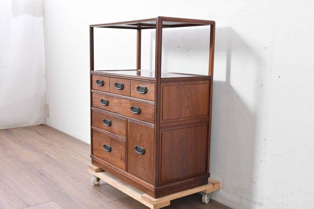 和製ヴィンテージ　力峯作　総紫檀(シタン)材　内部(桐材)　引き出し8杯付きで収納力も抜群の飾り棚　定価推定約60万円　(R-087028)