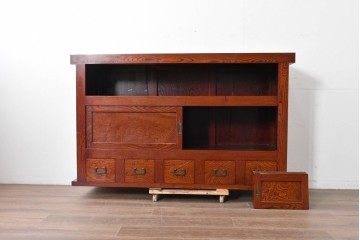 和製ヴィンテージ　最高級!!　国産職人手作り工芸家具　総欅(ケヤキ)材　前板玉杢が美しい総漆塗りの水屋箪笥サイドボード　(R-087048)