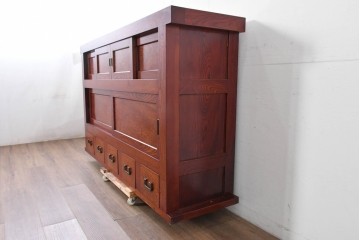 和製ヴィンテージ　最高級!!　国産職人手作り工芸家具　総欅(ケヤキ)材　前板玉杢が美しい総漆塗りの水屋箪笥サイドボード　(R-087048)