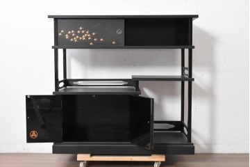 和製ヴィンテージ　在銘　輪島塗　群れ飛ぶ千鳥と波模様の茶棚　定価約240万円　(R-087052)