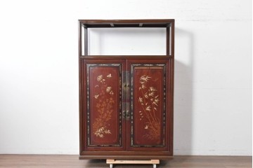 和製アンティーク　明治大正期　高級品　象嵌細工(花・蝶・笹・鳥の図)が美しい飾り棚　(R-087061)