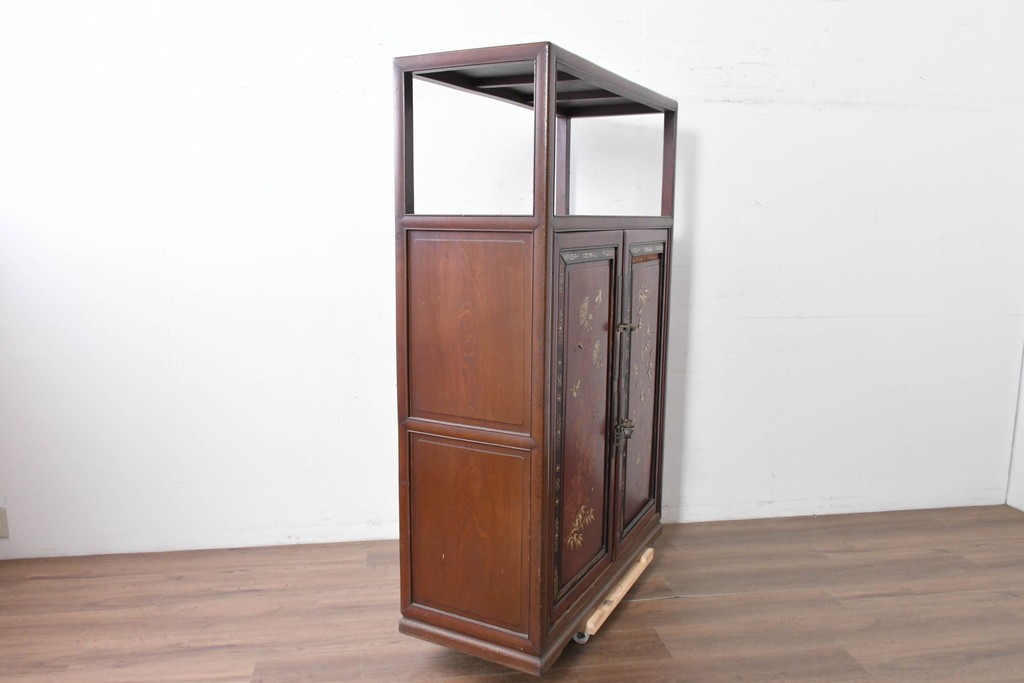 和製アンティーク　明治大正期　高級品　象嵌細工(花・蝶・笹・鳥の図)が美しい飾り棚　(R-087061)