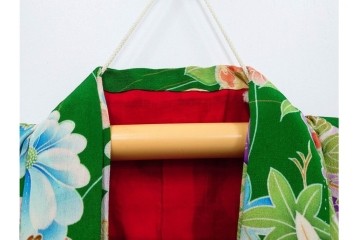 昭和初期　アンティーク　錦紗縮緬　緑地に花扇文様の華やかな子供用着物　(R-087074)