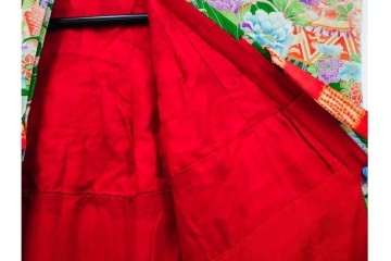 昭和初期　アンティーク　錦紗縮緬　緑地に花扇文様の華やかな子供用着物　(R-087074)