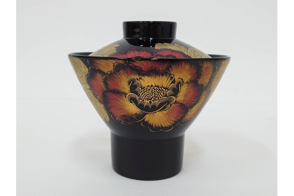 輪島塗　木製　沈金による牡丹彫が上品な吸物椀5点セット　共箱付き　(R-087086)