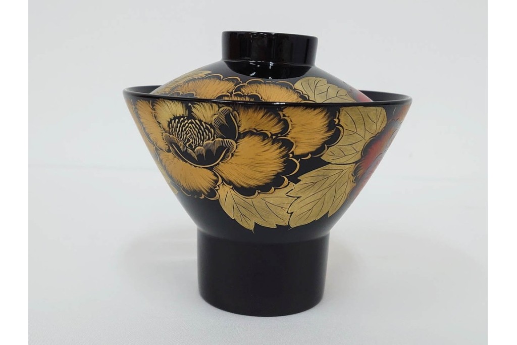 輪島塗　木製　沈金による牡丹彫が上品な吸物椀5点セット　共箱付き　(R-087086)