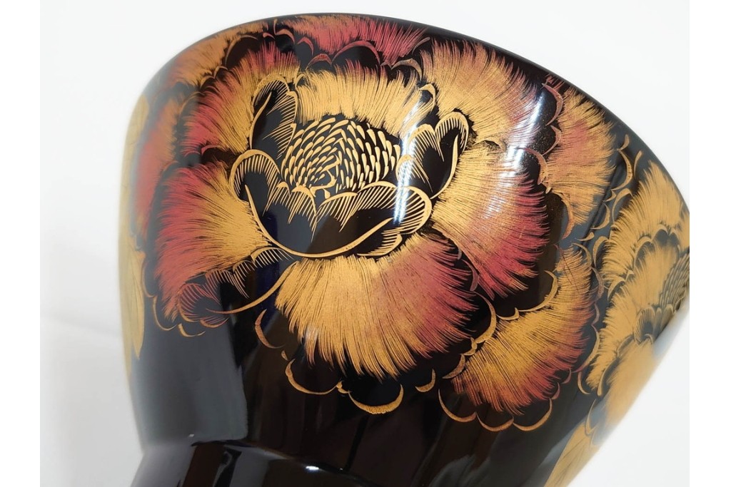 輪島塗　木製　沈金による牡丹彫が上品な吸物椀5点セット　共箱付き　(R-087086)