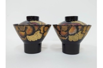 輪島塗　木製　沈金による牡丹彫が上品な吸物椀5点セット　共箱付き　(R-087086)