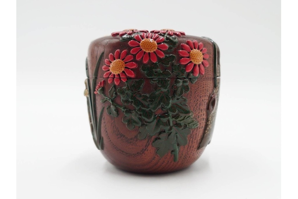 五代　金城一国斎(自勝)作　八十一歳　四君子画の高盛絵木地棗　共箱付き　(R-087092)