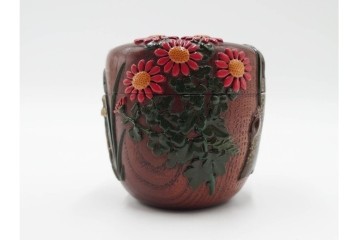 五代　金城一国斎(自勝)作　八十一歳　四君子画の高盛絵木地棗　共箱付き　(R-087092)