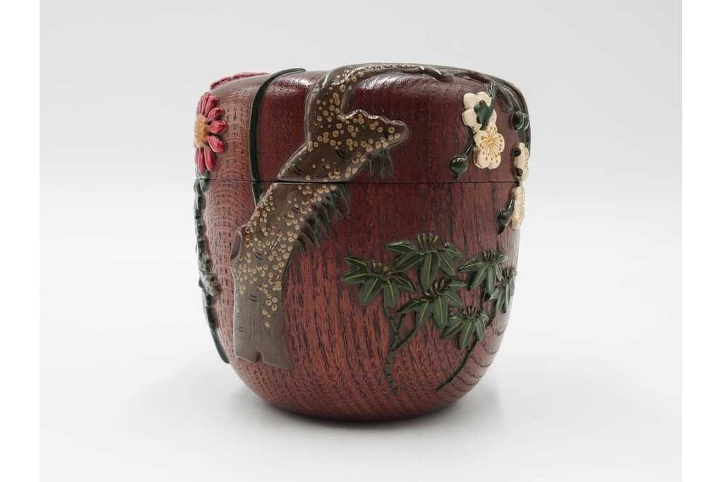 五代　金城一国斎(自勝)作　八十一歳　四君子画の高盛絵木地棗　共箱付き　(R-087092)