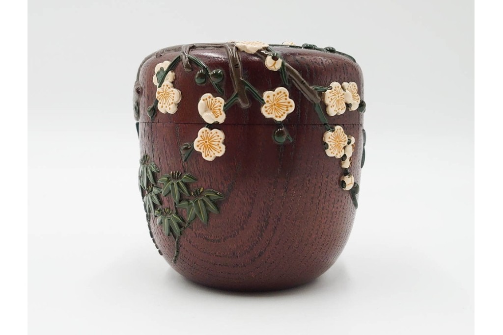 五代　金城一国斎(自勝)作　八十一歳　四君子画の高盛絵木地棗　共箱付き　(R-087092)