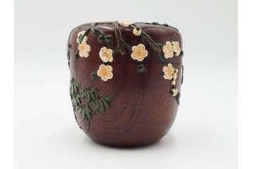 五代　金城一国斎(自勝)作　八十一歳　四君子画の高盛絵木地棗　共箱付き　(R-087092)