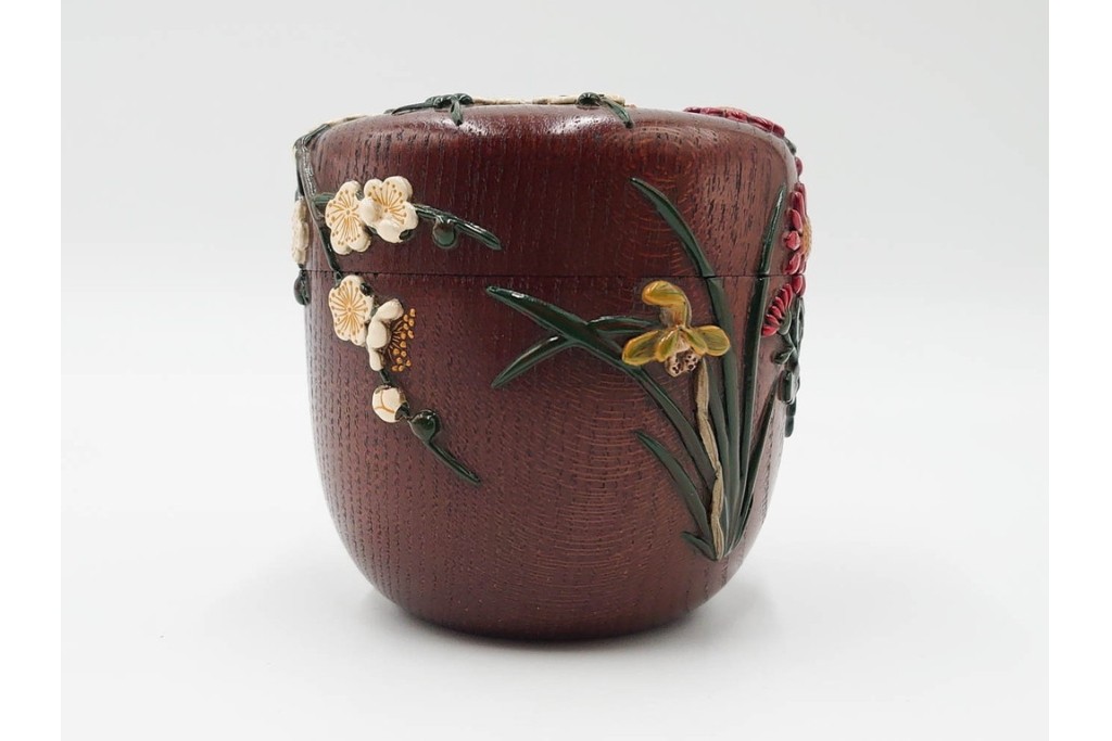 五代　金城一国斎(自勝)作　八十一歳　四君子画の高盛絵木地棗　共箱付き　(R-087092)