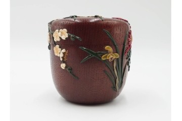 五代　金城一国斎(自勝)作　八十一歳　四君子画の高盛絵木地棗　共箱付き　(R-087092)