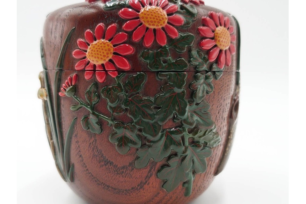 五代　金城一国斎(自勝)作　八十一歳　四君子画の高盛絵木地棗　共箱付き　(R-087092)